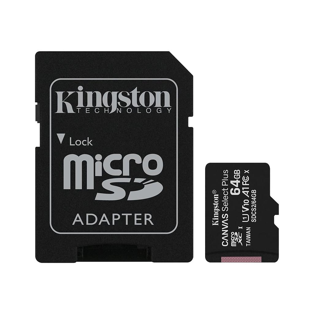 Kingston Canvas Select Plus - Tarjeta de memoria flash (adaptador microSDXC a SD Incluido) - 64 GB